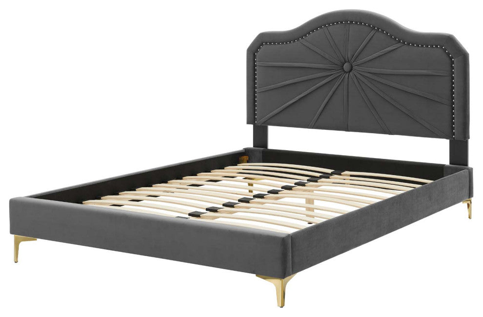 Platform Bed Frame, Twin Size, Velvet, Dark Grey Gray, Modern Contemporary