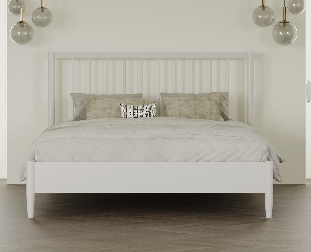 Modern Slatted Wood Headboard Platform Bed, White, Queen