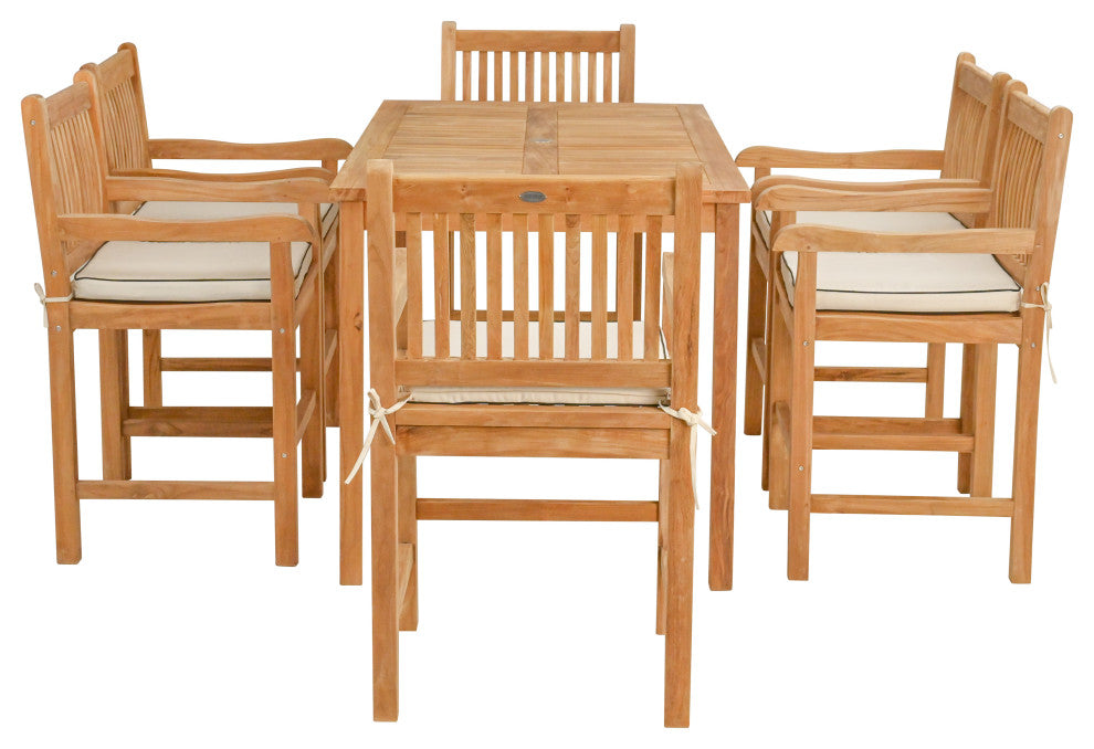7 Piece Teak Elzas 63" Rect Bistro Counter Set, 6 Counter Stools, Arms