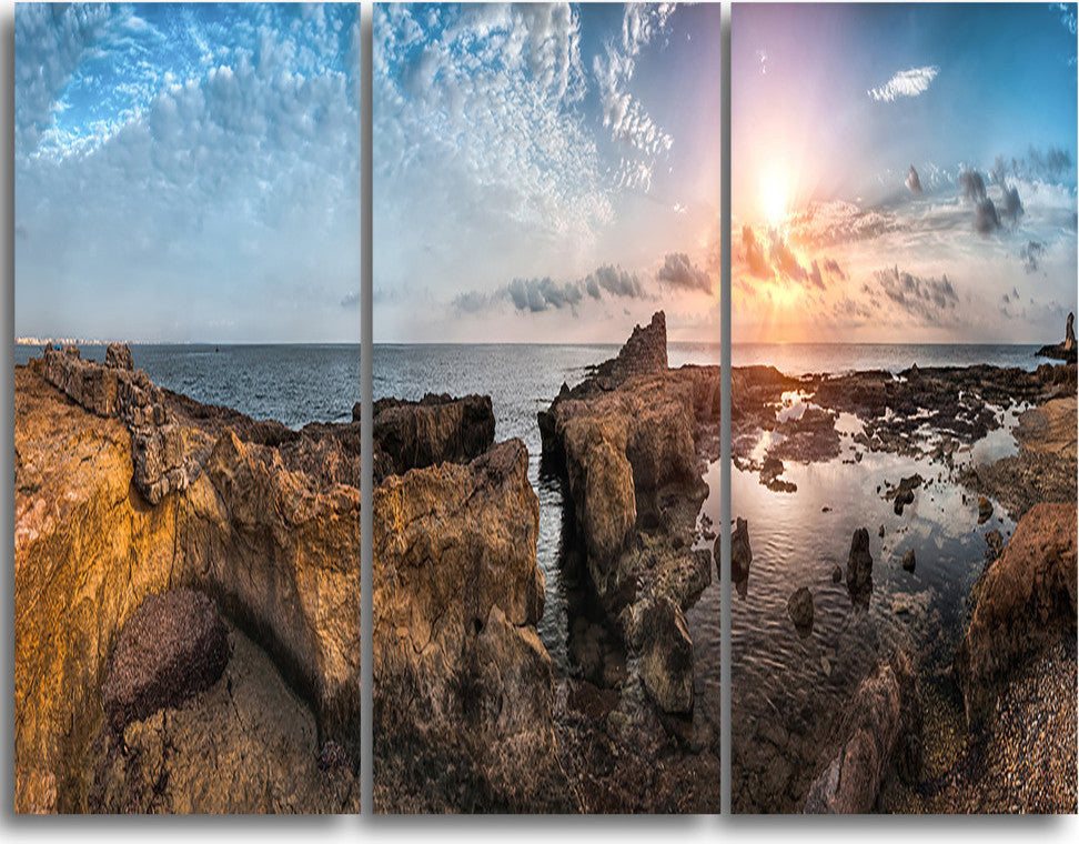 "Beach With Ancient Ruins Panorama" Metal Wall Art, 3 Panels, 36"x28"