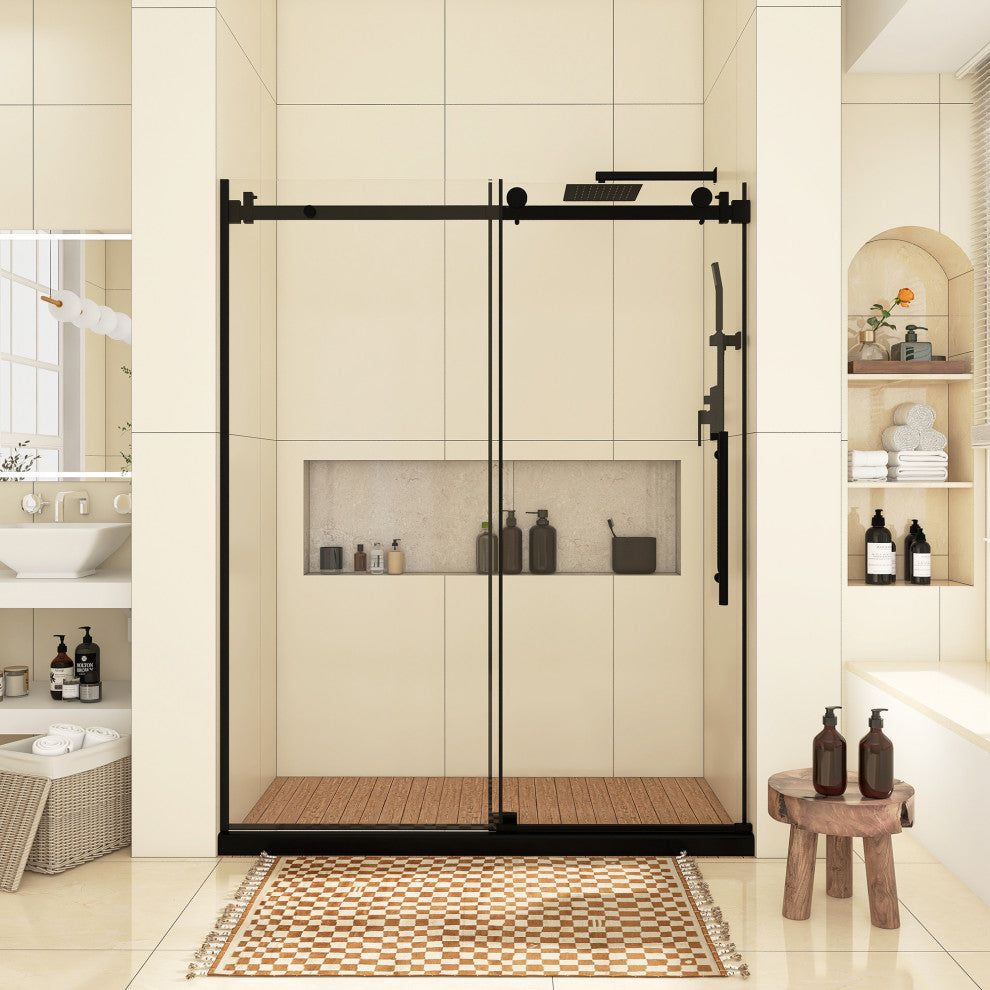 60" W x 76" H Frameless Single Sliding Shower Doors, Matt Black