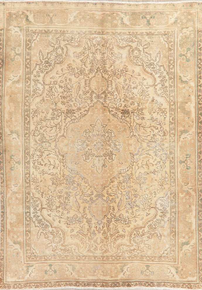 Consigned, Distressed Traditional Vintage Area Rug Handmade Persian, Yellow, 7x9