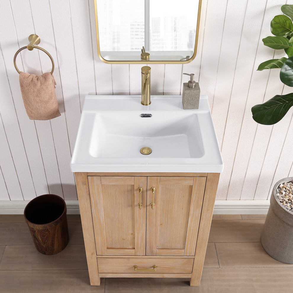 Gela Single Bath Vanity with Ceramic Basin Top, Fir Wood Brown, 24", With Mirror