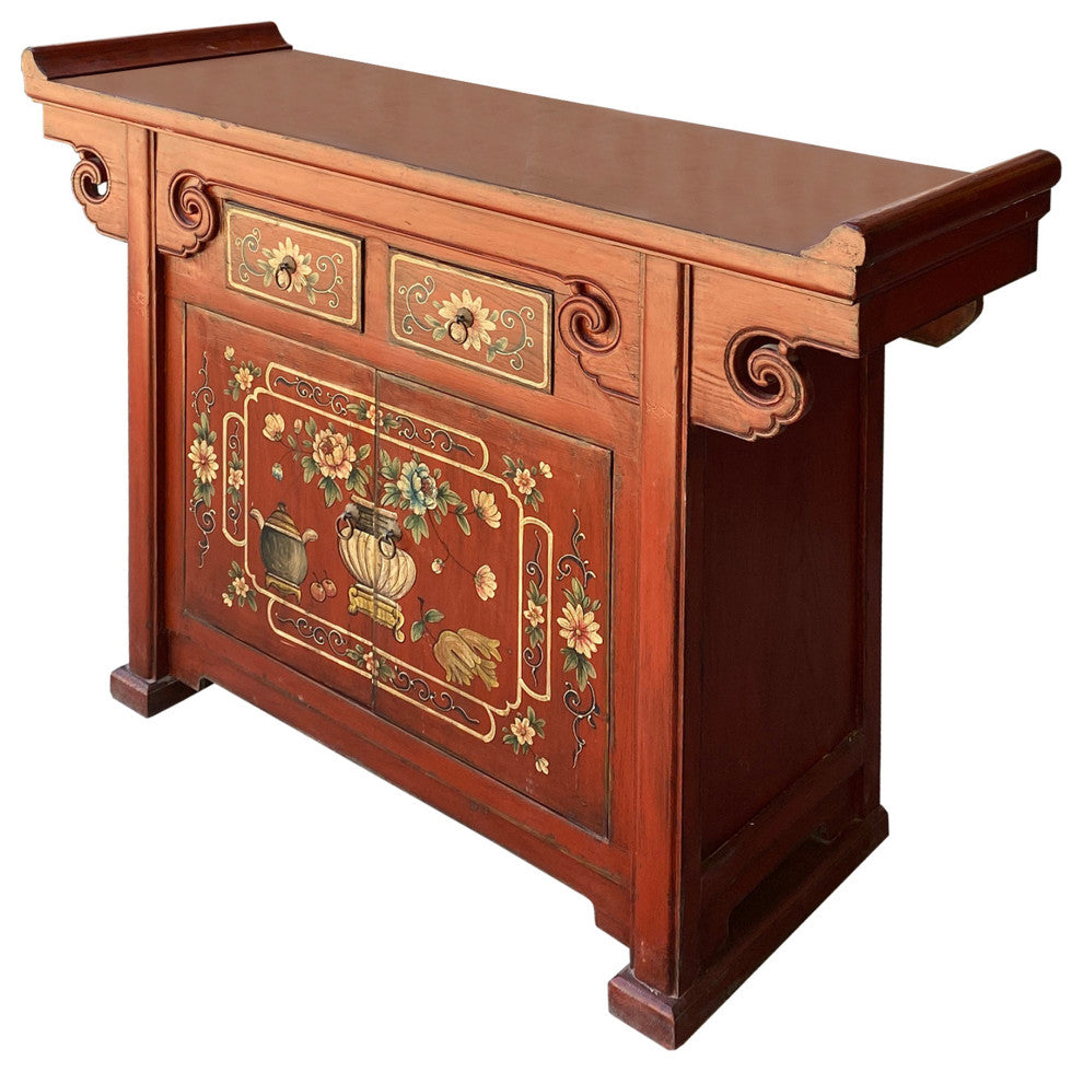 Chinese Distressed Brick Red Flower Altar Console Side Table Cabinet Hcs6177