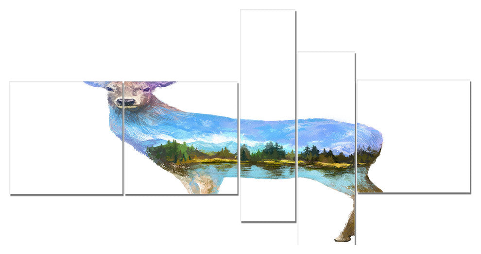 Deer Double Exposure Illustration, Animal Canvas Print, 60"x32", 5 panels