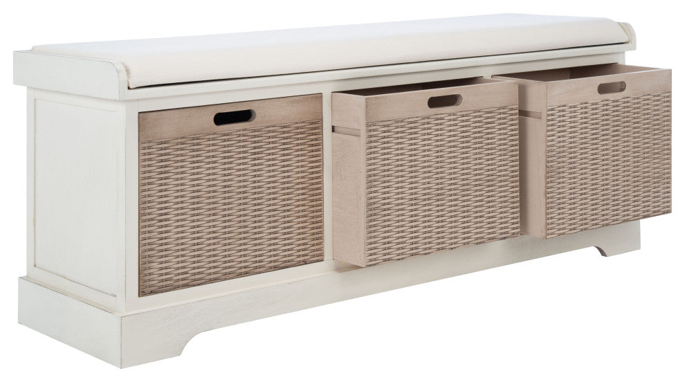 Safavieh Landers 3 Drawer/Cushion Storage Bench, Distressed, White