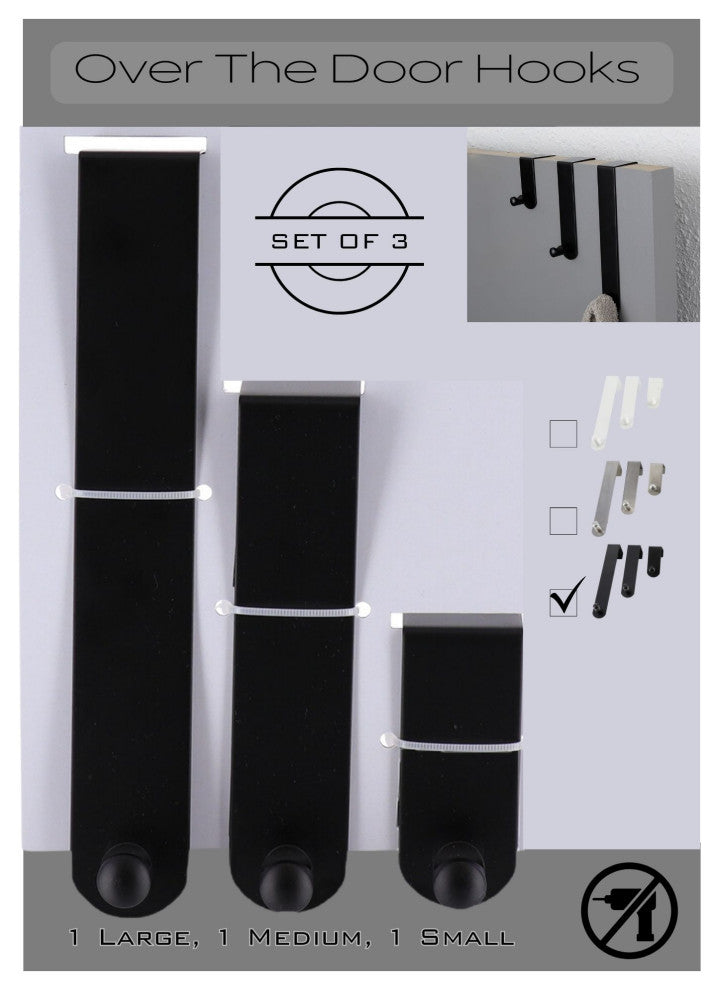 Over The Door Hooks - 3-Piece Door Hanger Set for Clothing and Accessories, Black