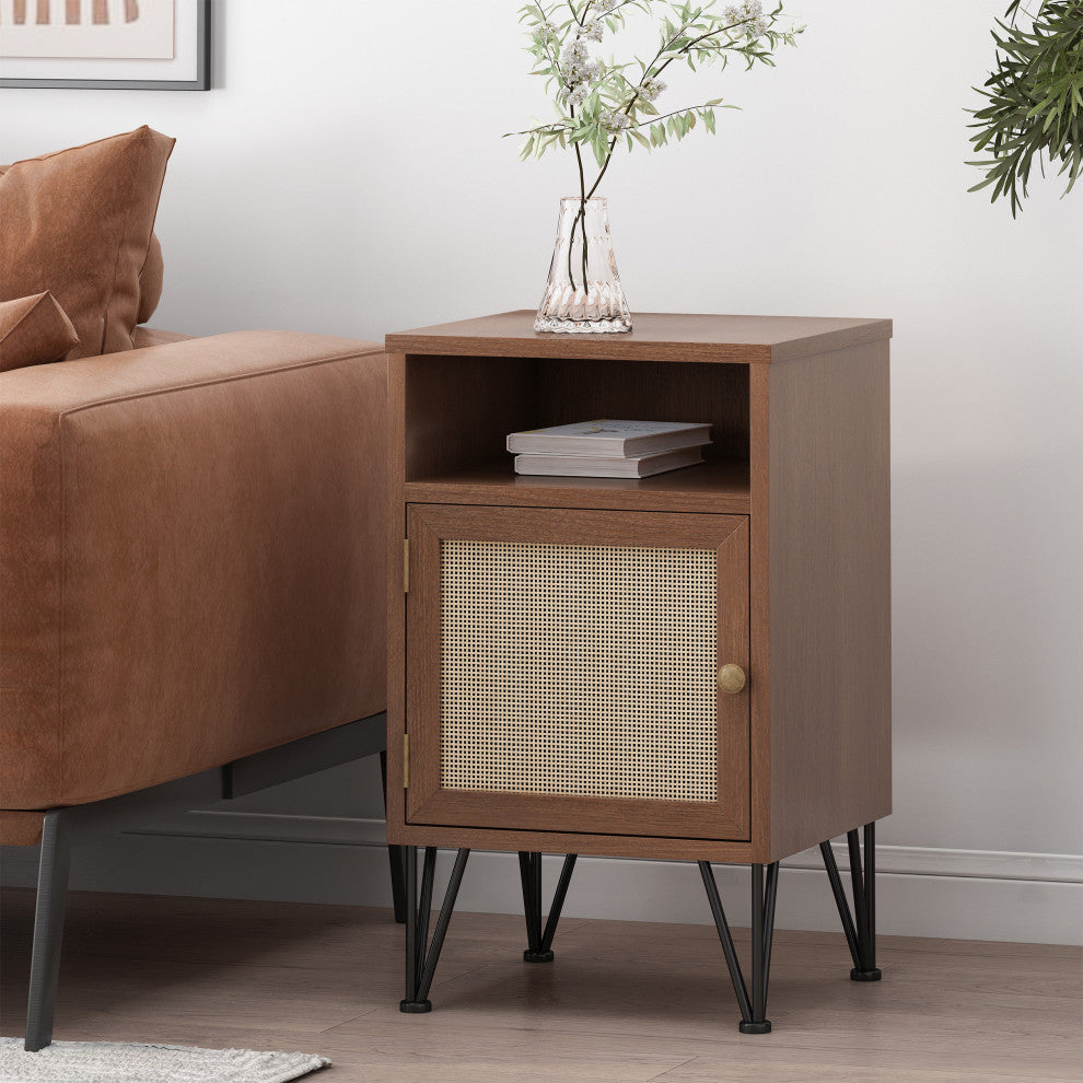 Merlack Contemporary End Table With Storage, Walnut, Natural, and Black