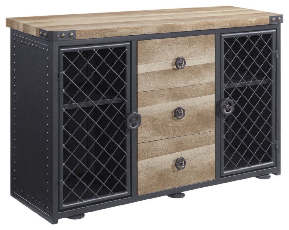 Benzara BM275723 Sideboard Buffet Cabinet, 3 Drawer, Mesh Doors, Nailhead, Oak