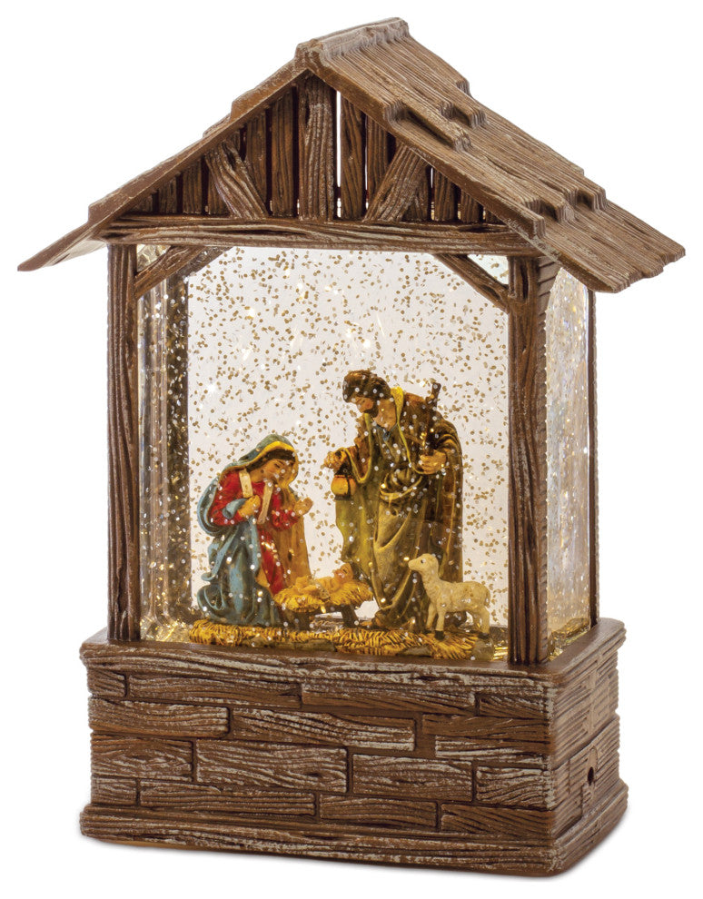 LED Snow Globe Nativity Barn 8.25"H