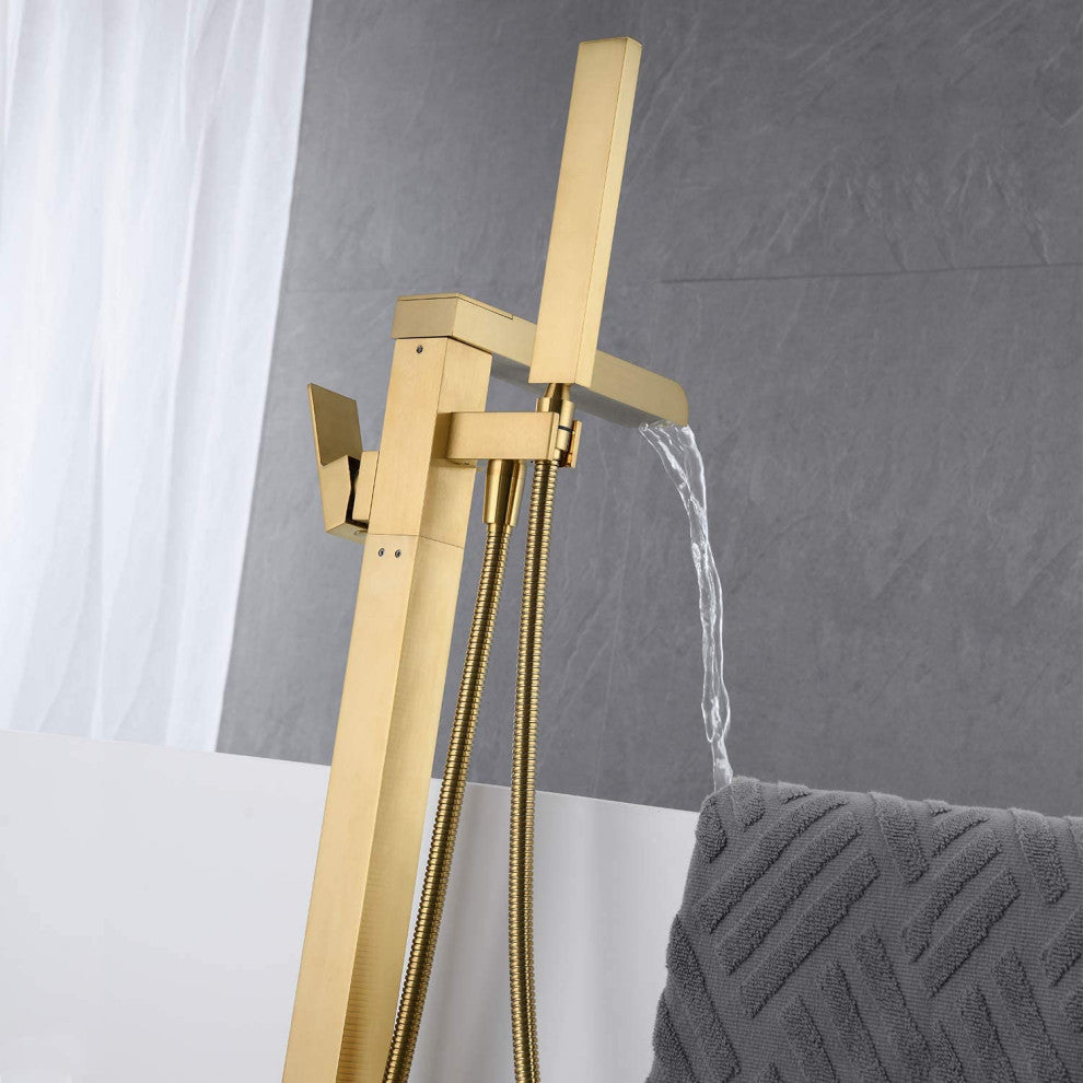 Single Handle Floor Mounted Freestanding Tub Filler with Hand Shower, Brushed Go