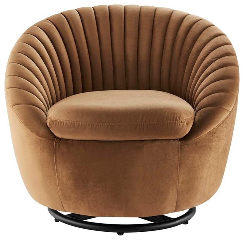 Whirr Tufted Performance Velvet Performance Velvet Swivel Chair, Black Cognac