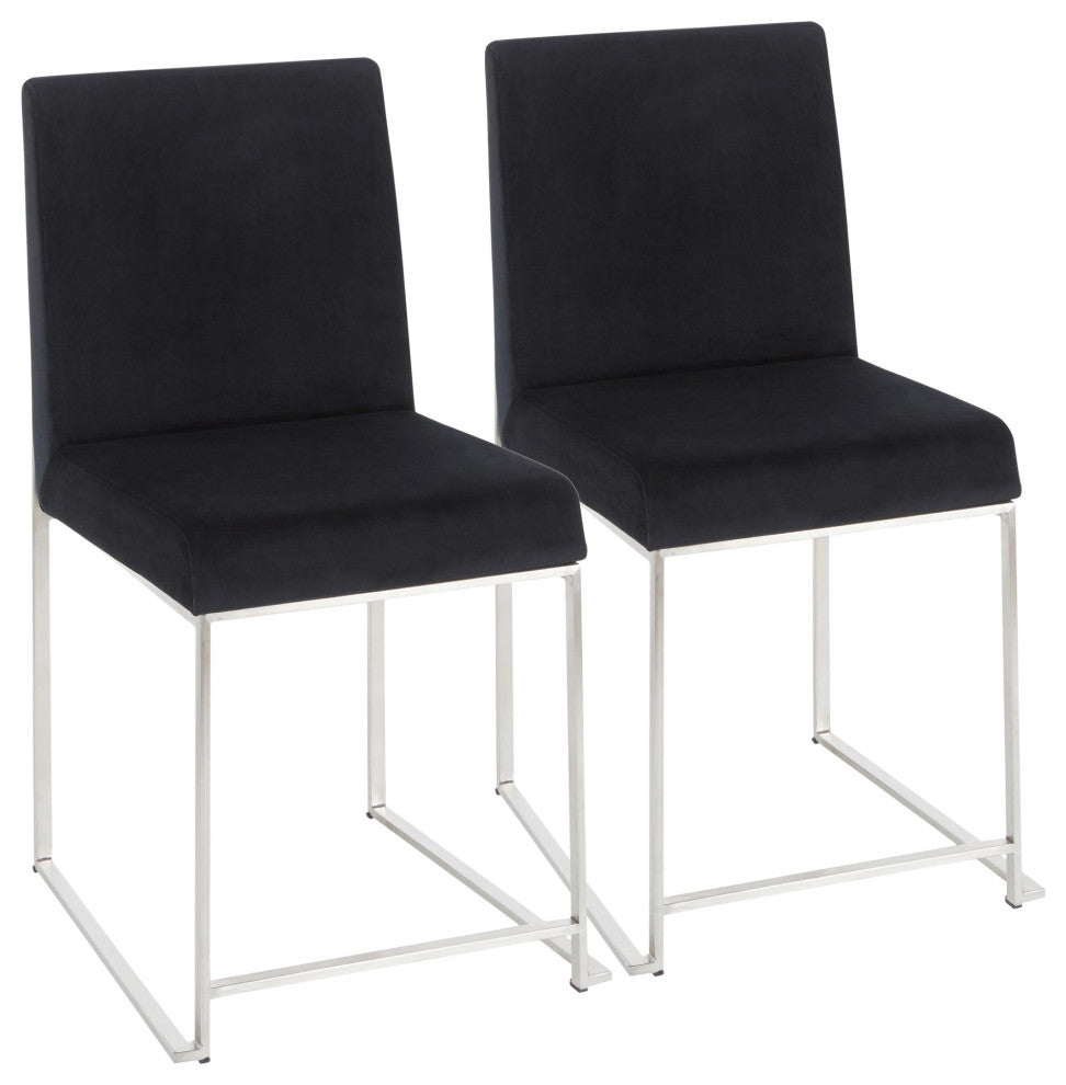 High Back Fuji Dining Chair, Stainless Steel/Black Velvet, Set of 2