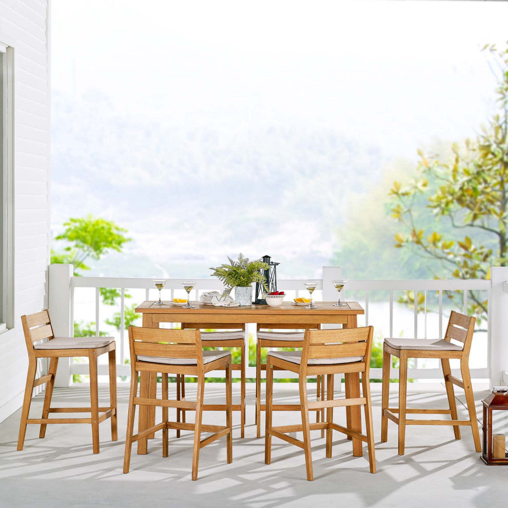 Bar Stool Chair and Table Set, Wood, Brown Natural Taupe Gray, Modern, Outdoor
