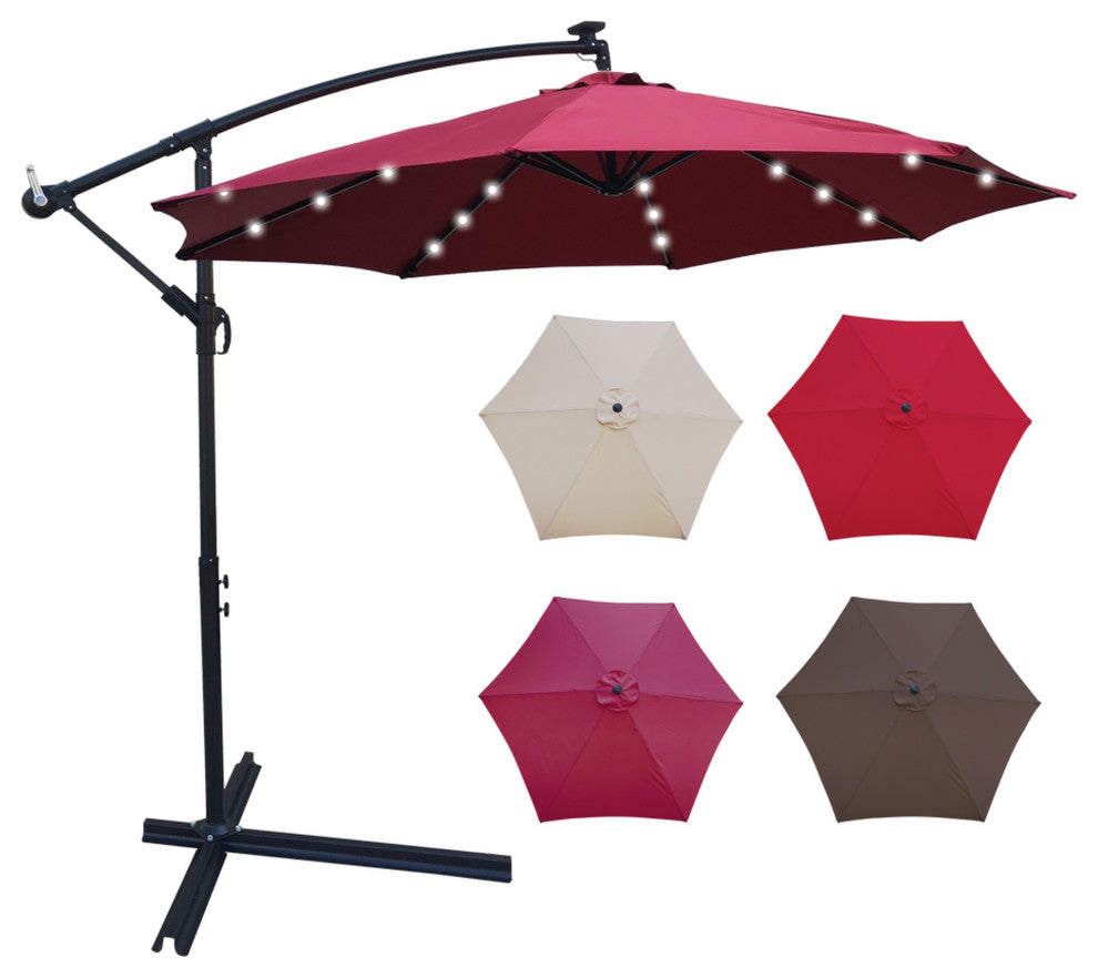 10' Steel Patio Umbrella Outdoor Market With Crank and LED Lights, Dark Red