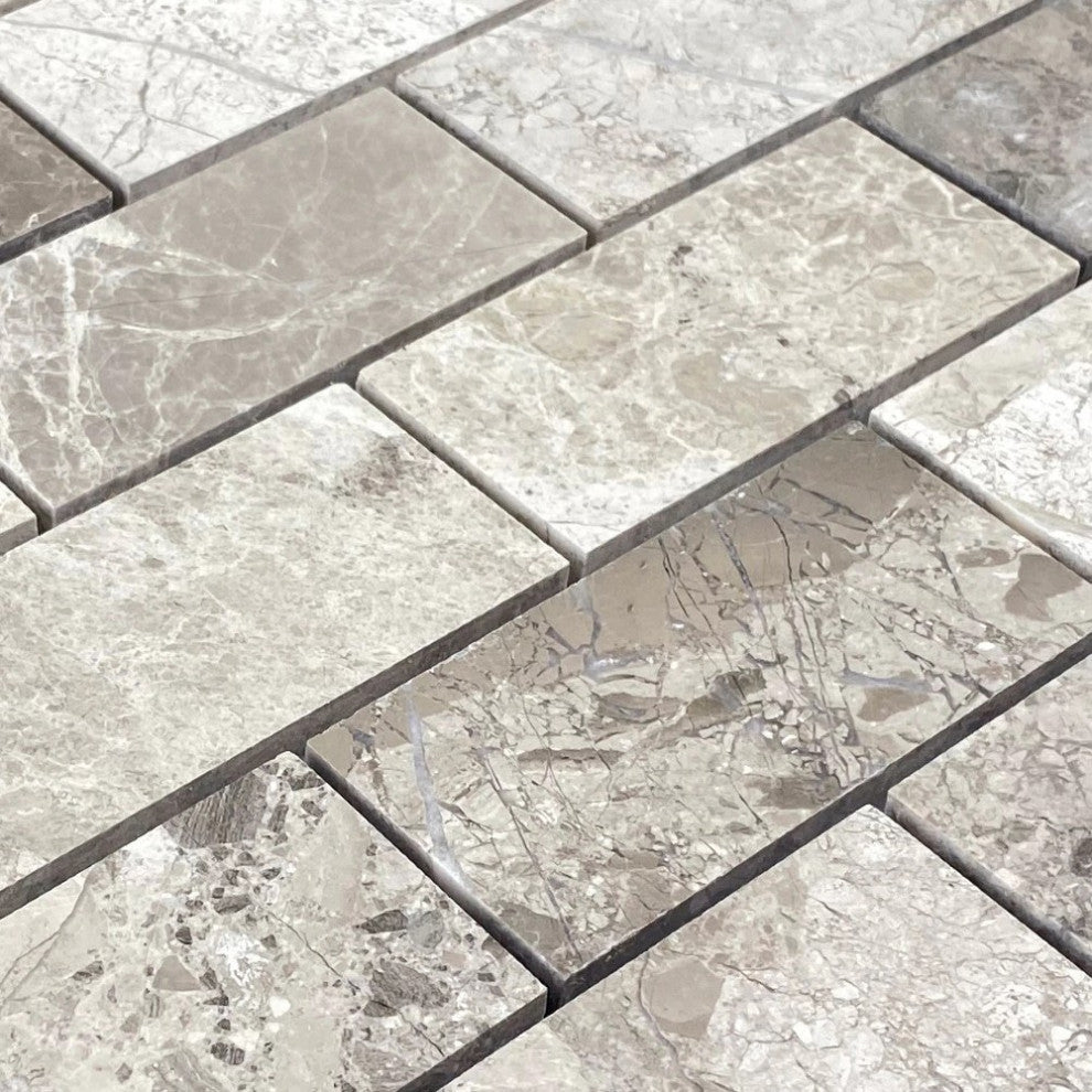 Silver Shadow Marble 2"x4" Brick on 12"x12" Mesh Mosaic Tile  (10 sqft per box)