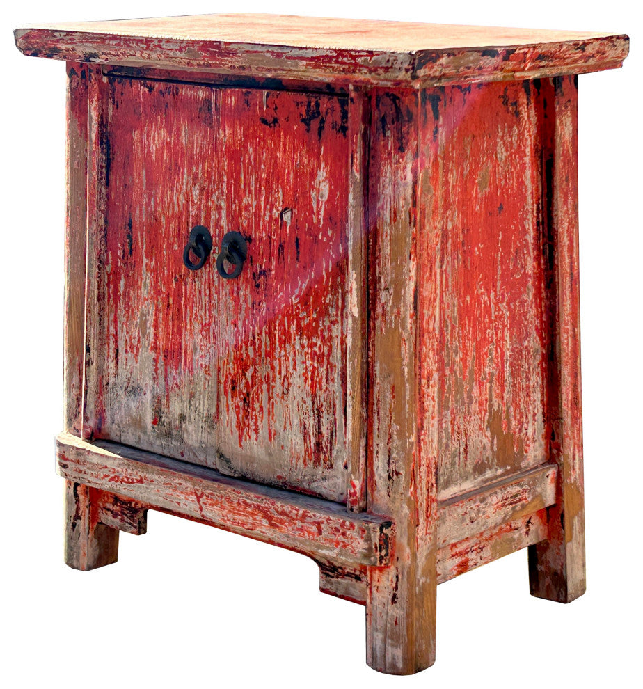 16.25" Oriental Distressed Orange Red 2 Doors End Table Nightstand Chest
