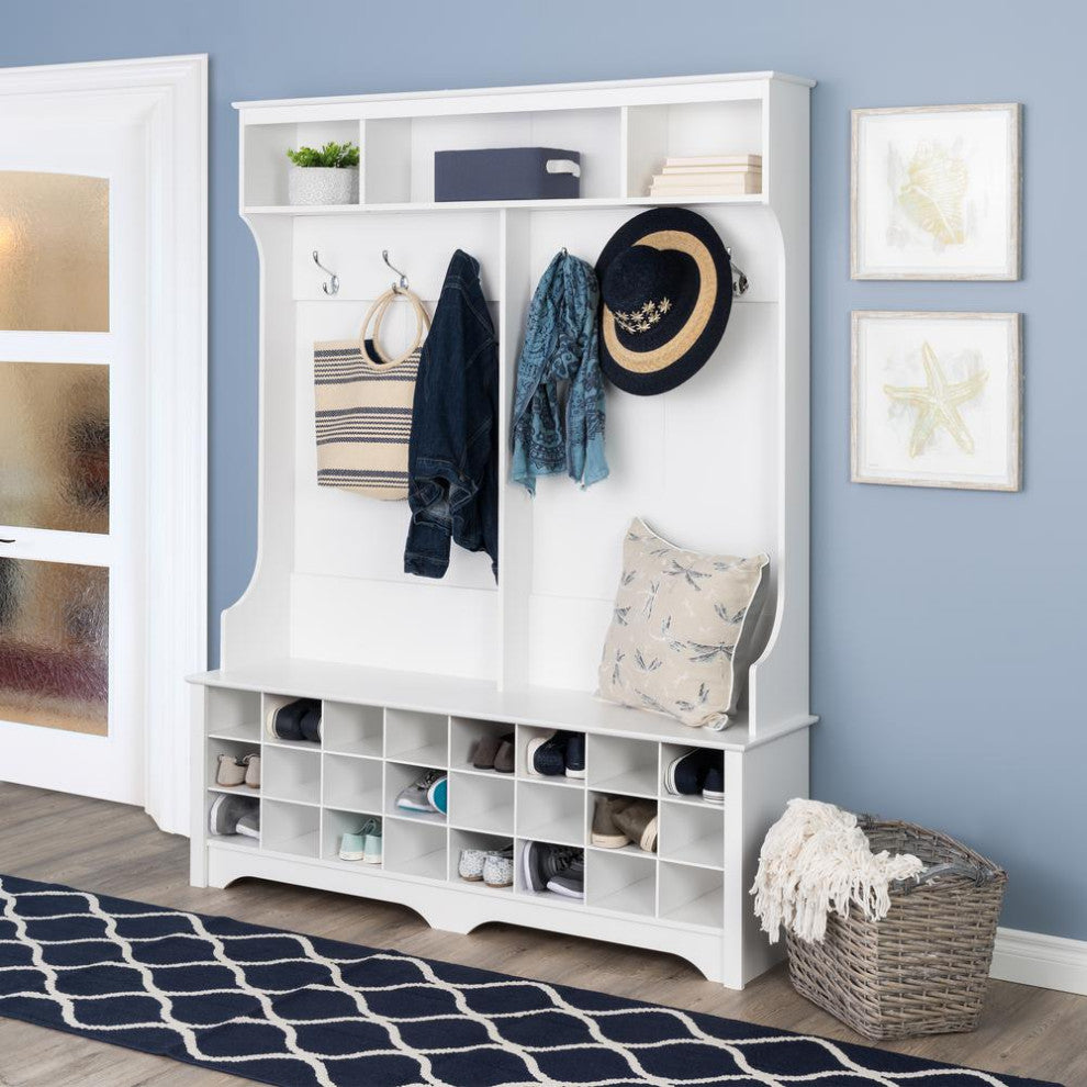 60 Wide Hall Tree with 24 Shoe Cubbies, White