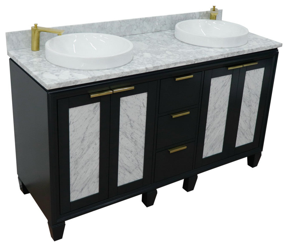 61" Double Sink Vanity, Dark Gray Finish With White Carrara Marble