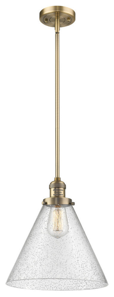 X-Large Cone 1-Light LED Pendant, Brushed Brass, Glass: Seedy