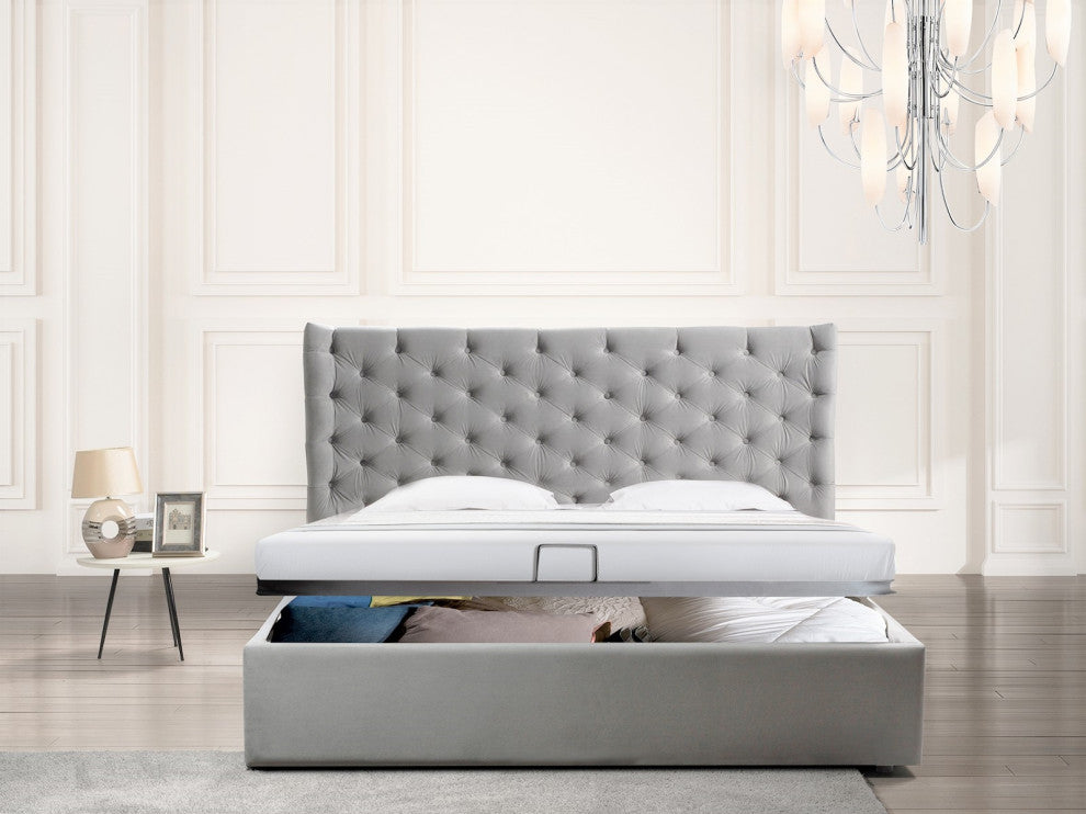 Parker King Storage Bed in Gray Velvet Fabric