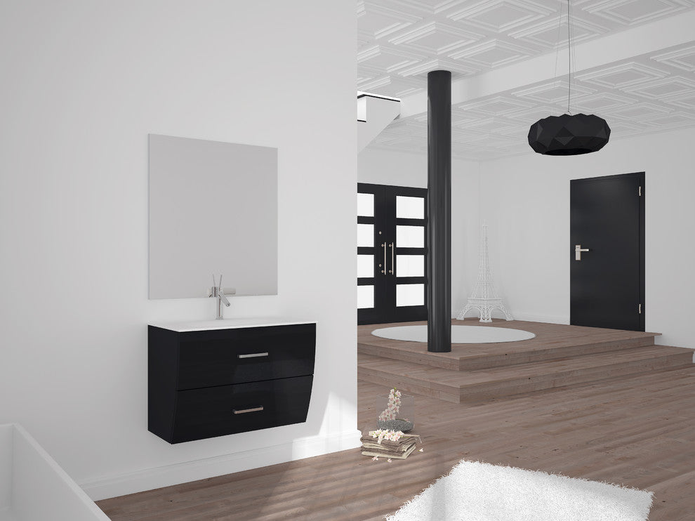 Wave Bathroom Vanity Gloss and Matte Sink Console, Black, 24", Without Mirror