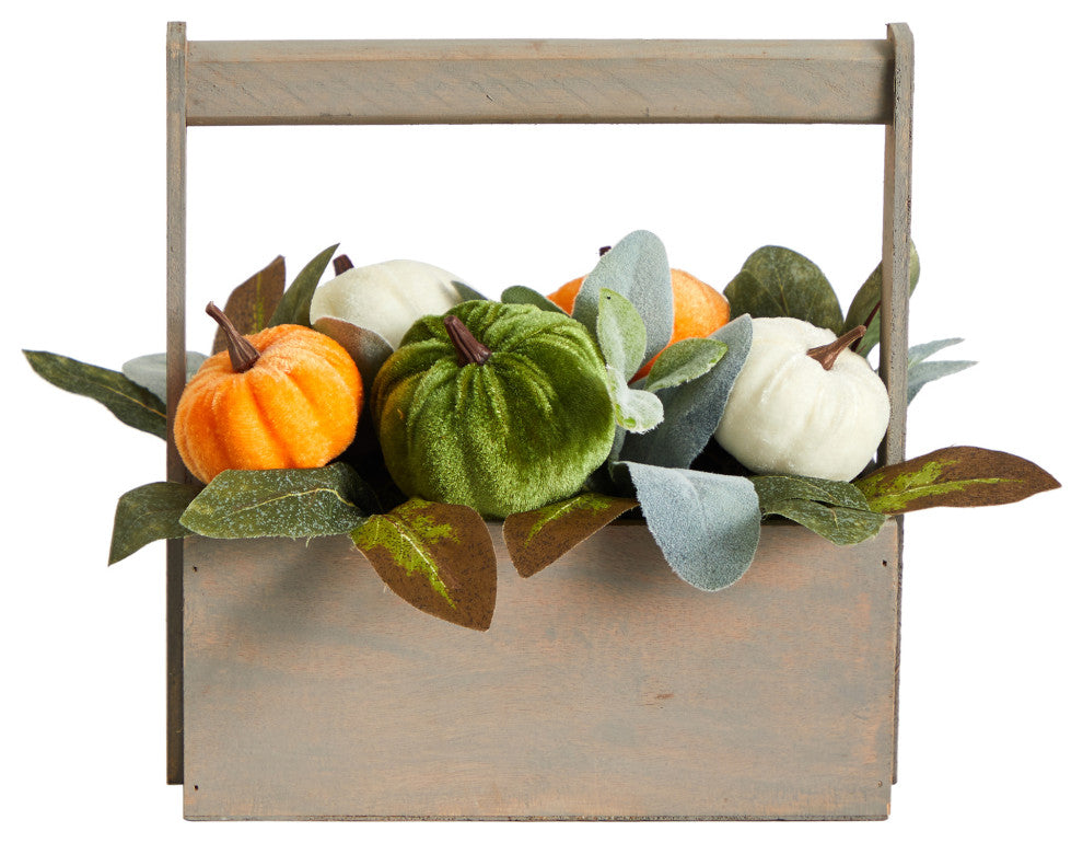 10" Fall Pumpkin Artificial Autumn Arrangement, Wood Basket