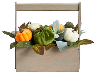 10" Fall Pumpkin Artificial Autumn Arrangement, Wood Basket