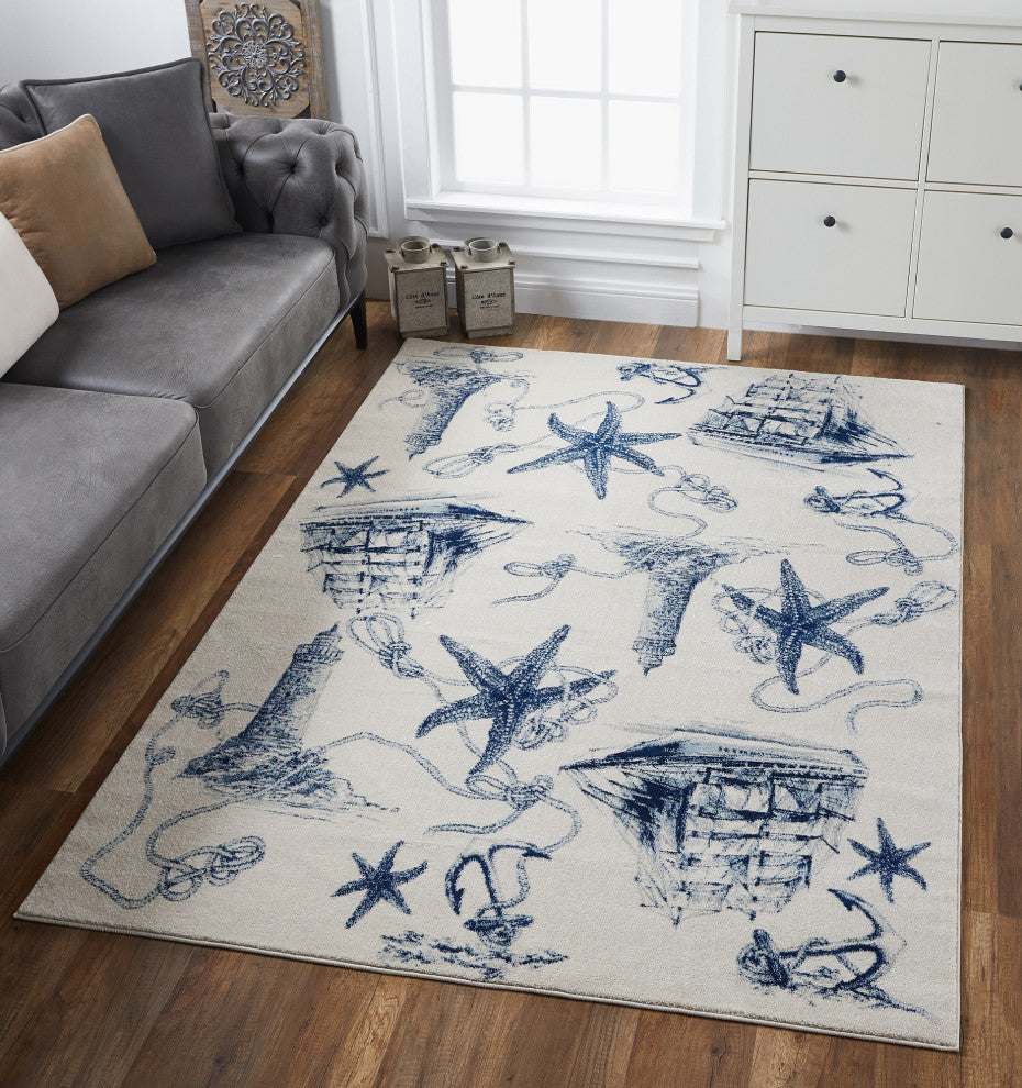 Stella Ivory/Navy Coastal Area Rug, 7'10 X 10'10