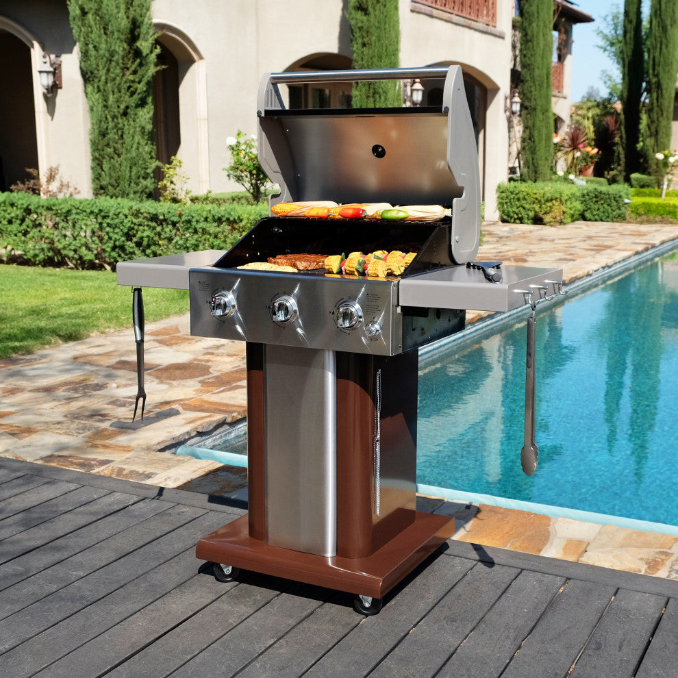 Permasteel 3 Burner Propane Gas Grill with Folding Side Shelves, Copper