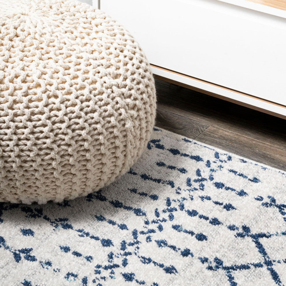 Moroccan HYPE Boho Vintage Diamond Runner Rug, Cream/Navy, 2 X 8