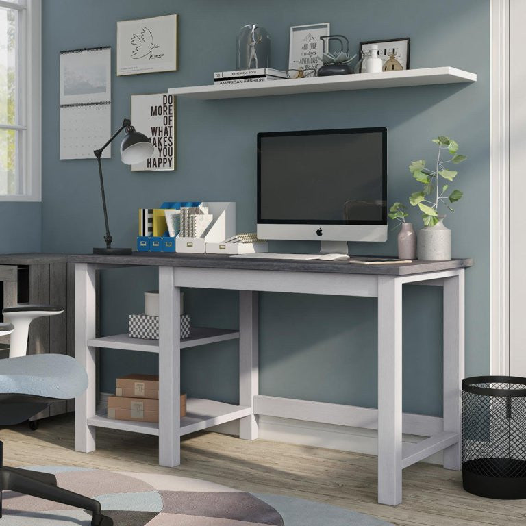 Modern Farmhouse Desk, Large Top & Side Open Shelves, White Oak/Distressed Grey