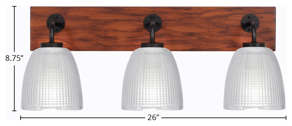 Oxbridge 3-Light Bath Bar, Matte Black & Painted Wood-look Metal/Clear Ribbed