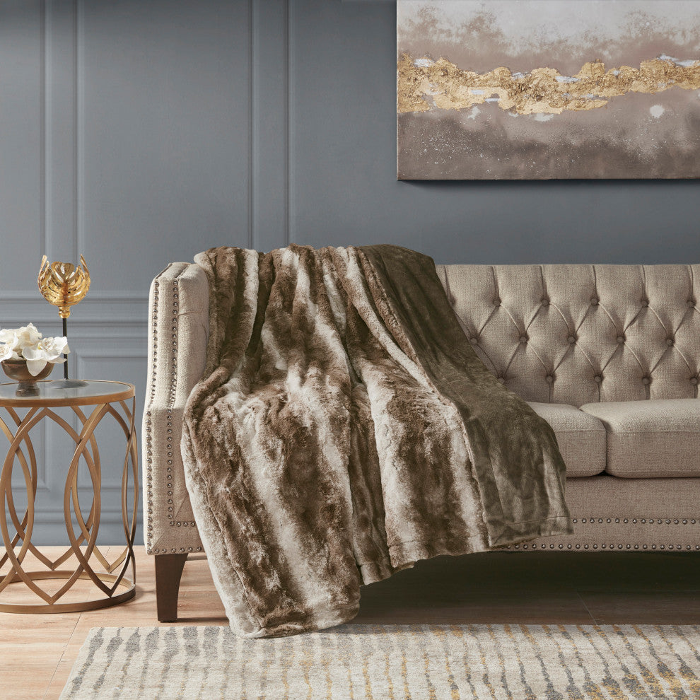 Madison Park Faux Tip Dyed Brushed Long Fur Throw, Brown