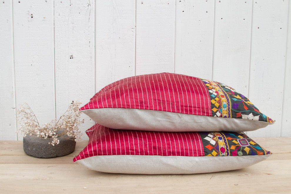 Pair of Floral Antique Mashru Tribal Lumbar Pillows