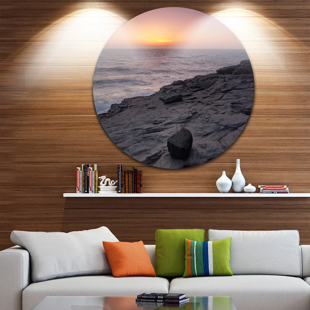 Massive Rock On Beach Magoito Sintra, Seascape Disc Metal Wall Art, 36"