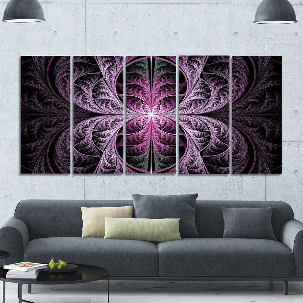 Purple Glowing Fractal Stained Glass, Abstract Canvas Print, 60"x28", 5 Panels