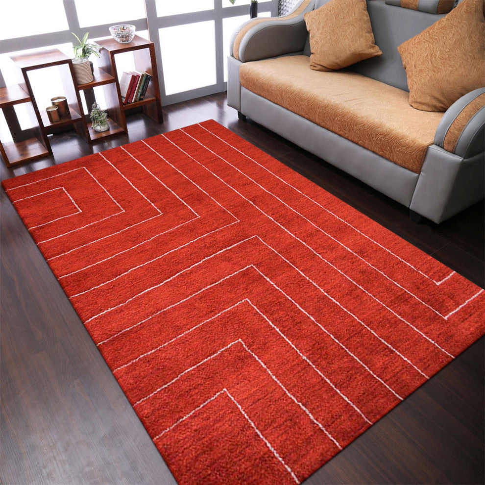 HAND KNOTTED LOOM SILK ECO-FRIENDLY AREA RUGS-Rectangle,Red Beige,Geometric