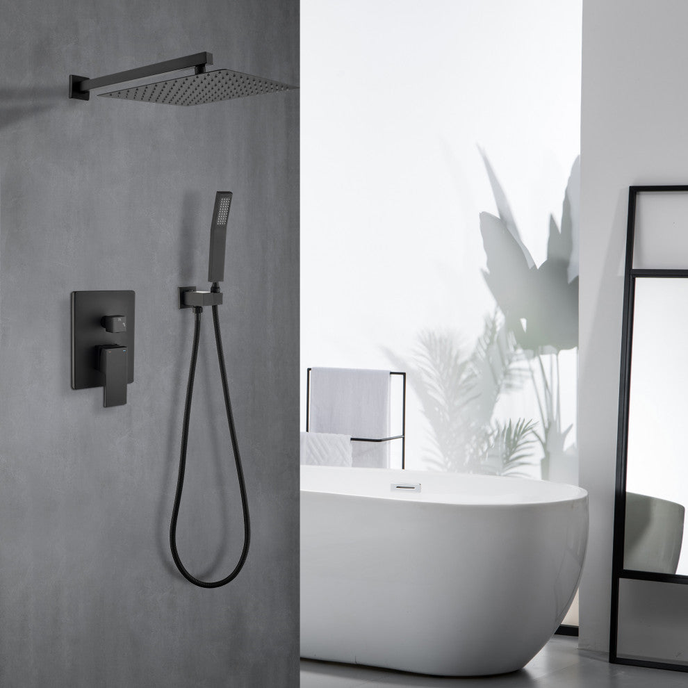 Wellfor Shower Faucet with Rain Shower Head, Handheld Shower and Valve, Black, 10" Shower Head