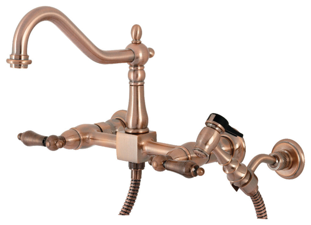 KS124ALBSAC Wall Mount Bridge Kitchen Faucet With Brass Spray, Antique Copper