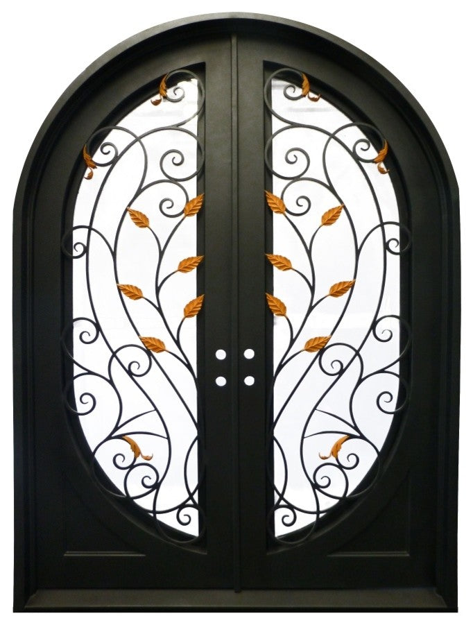 Round Top Gold Leaf Dual Door With Frame and Threshold 72"x96", Matte Black