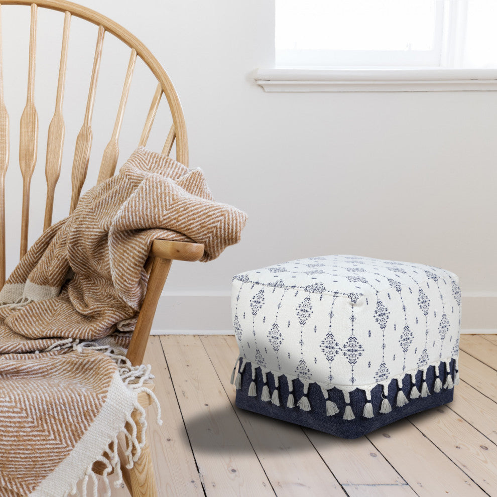 Navy and Ivory Scandinavian Ornamental Motif Pouf Ottoman