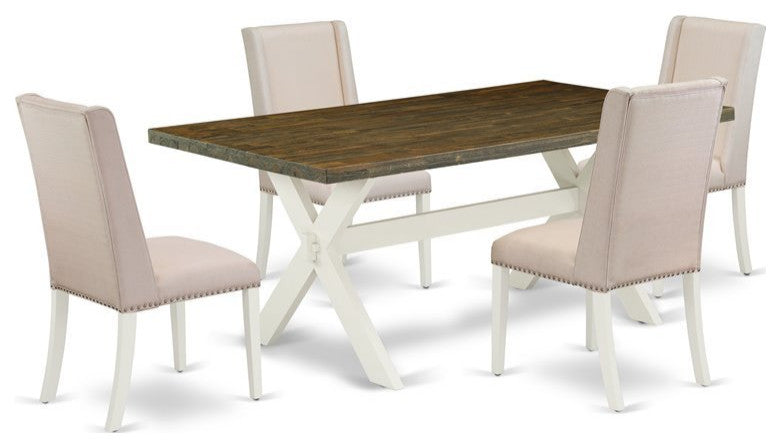5-Piece Dinette Set, 4 Chairs and Table With Jacobean Table Top, Linen White