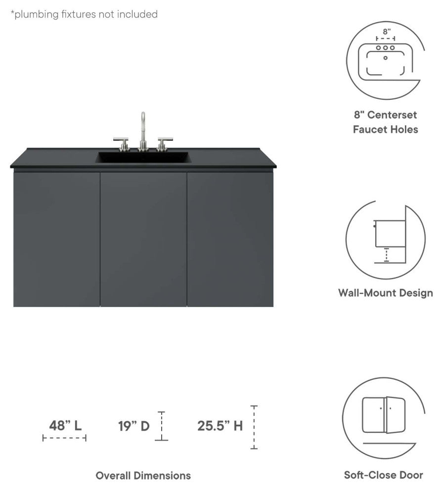 Bryn 48" Wall-Mount Bathroom Vanity, Gray Black