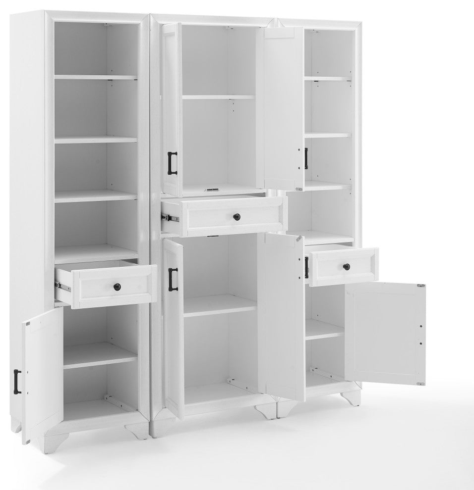 Tara 3-Piece Pantry Set, Distressed White Pantry and 2 Linen Cabinets