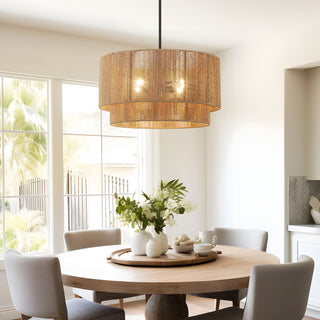 22"W 4-Light Rattan Tiered Drum Chandelier Light with Black Canopy, Natural