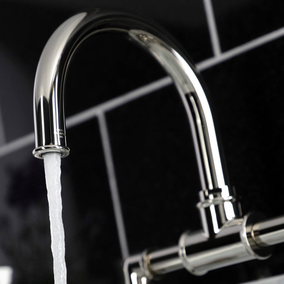 Belknap Style Wheel Handle Bridge Bathroom Faucet With Drain, Polished Nickel