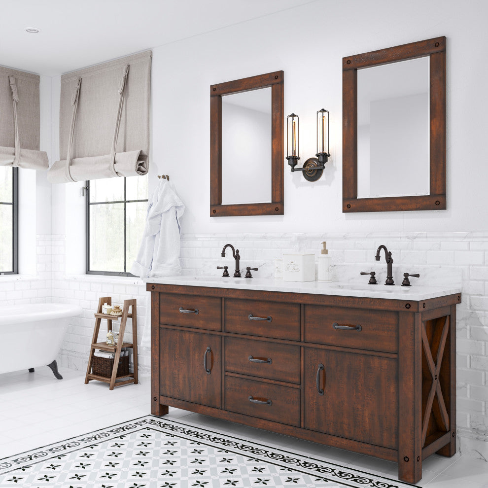 Aberdeen Carrara Marble Countertop Vanity in Rustic Sierra with Mirrors