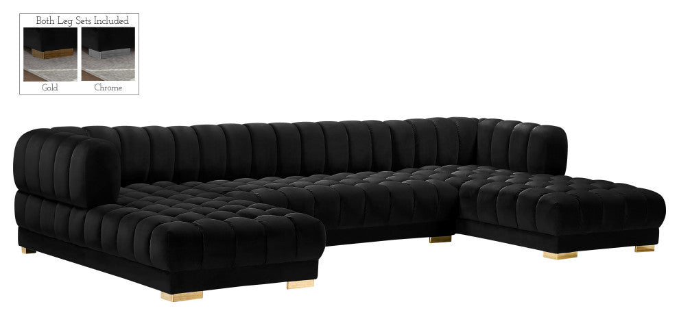 Gwen Biscuit Tufted Velvet Upholstered 3 Piece Sectional, Black