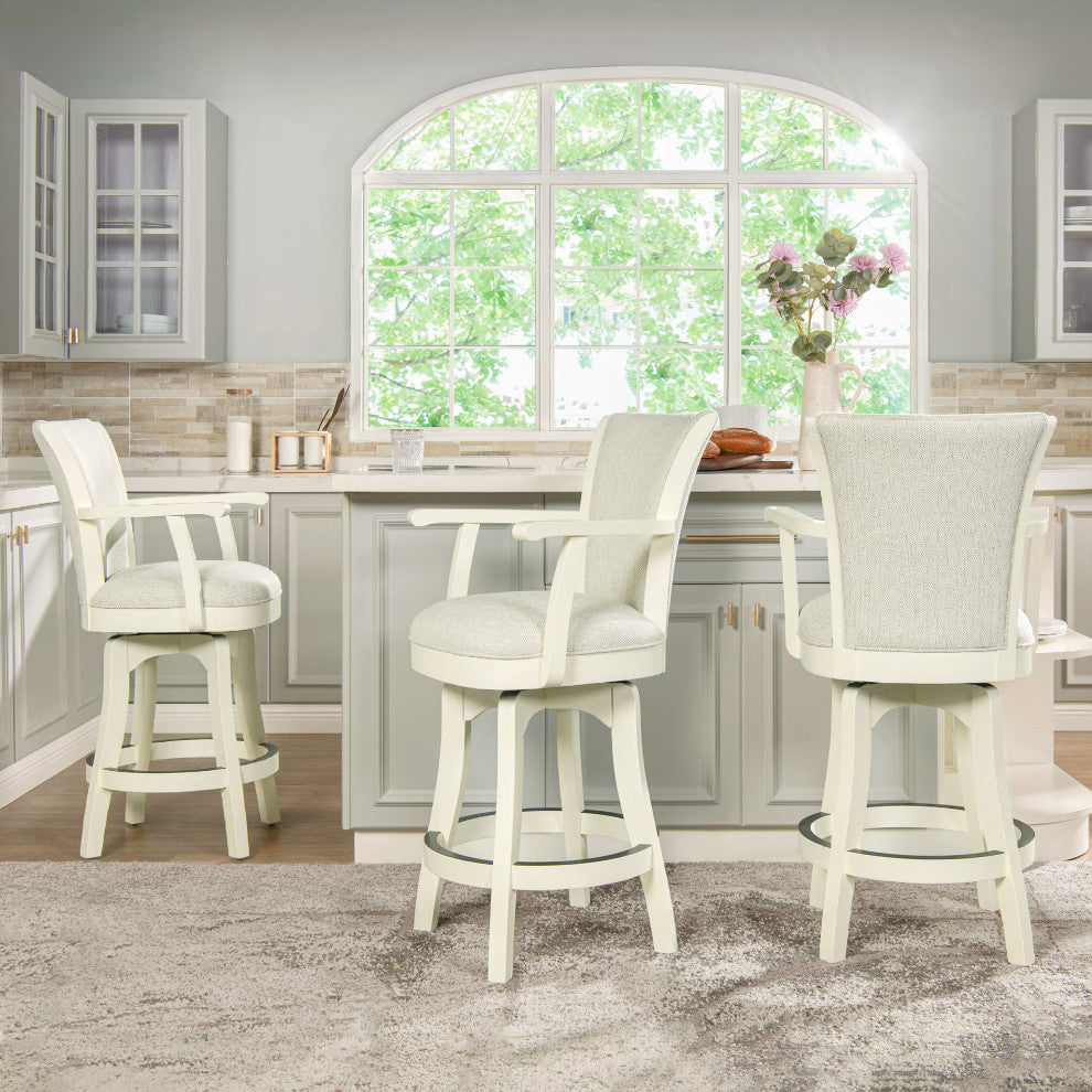 Williams Swivel Bar and Counter Stool With Armrests, White Pepper Stain Resistant Polyester & White Oak Wood, Counter Height